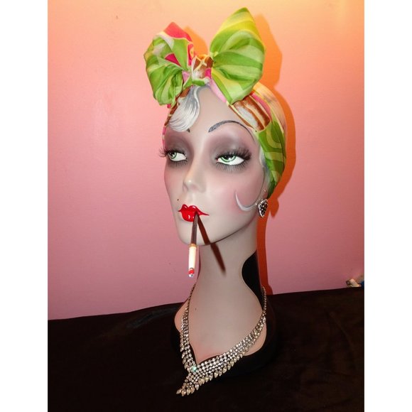 Vintage Green & Pink Floral Scarf tropical boho neck scarf pinup retro - Picture 6 of 10